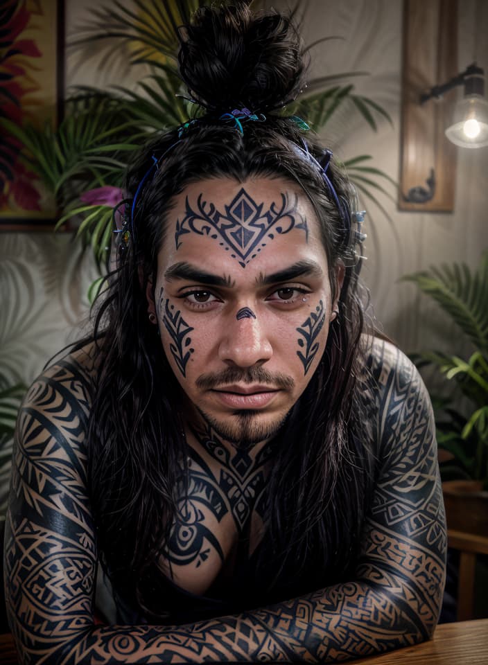  male polynesian 34yrs old new zealand , (face tattoo:1.2), hq, hightly detailed, 4k