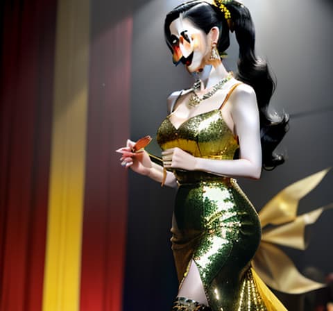  masterpiece, best quality, dita von teese plays liu yifei, wears fendi yellow camisole silk sequin sheer dress ss2008, a necklace, ponytail hair, wear a gold one strap thick heeled open toed high heels.