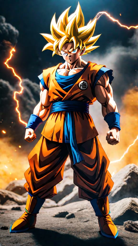  anime art: goku from dragon ball z holding back immense power, earth intact but crackling with energy. hyperrealistic, full body, detailed clothing, highly detailed, cinematic lighting, stunningly beautiful, intricate, sharp focus, f/1. 8, 85mm, (centered image composition), (professionally color graded), ((bright soft diffused light)), volumetric fog, trending on instagram, trending on tumblr, HDR 4K, 8K