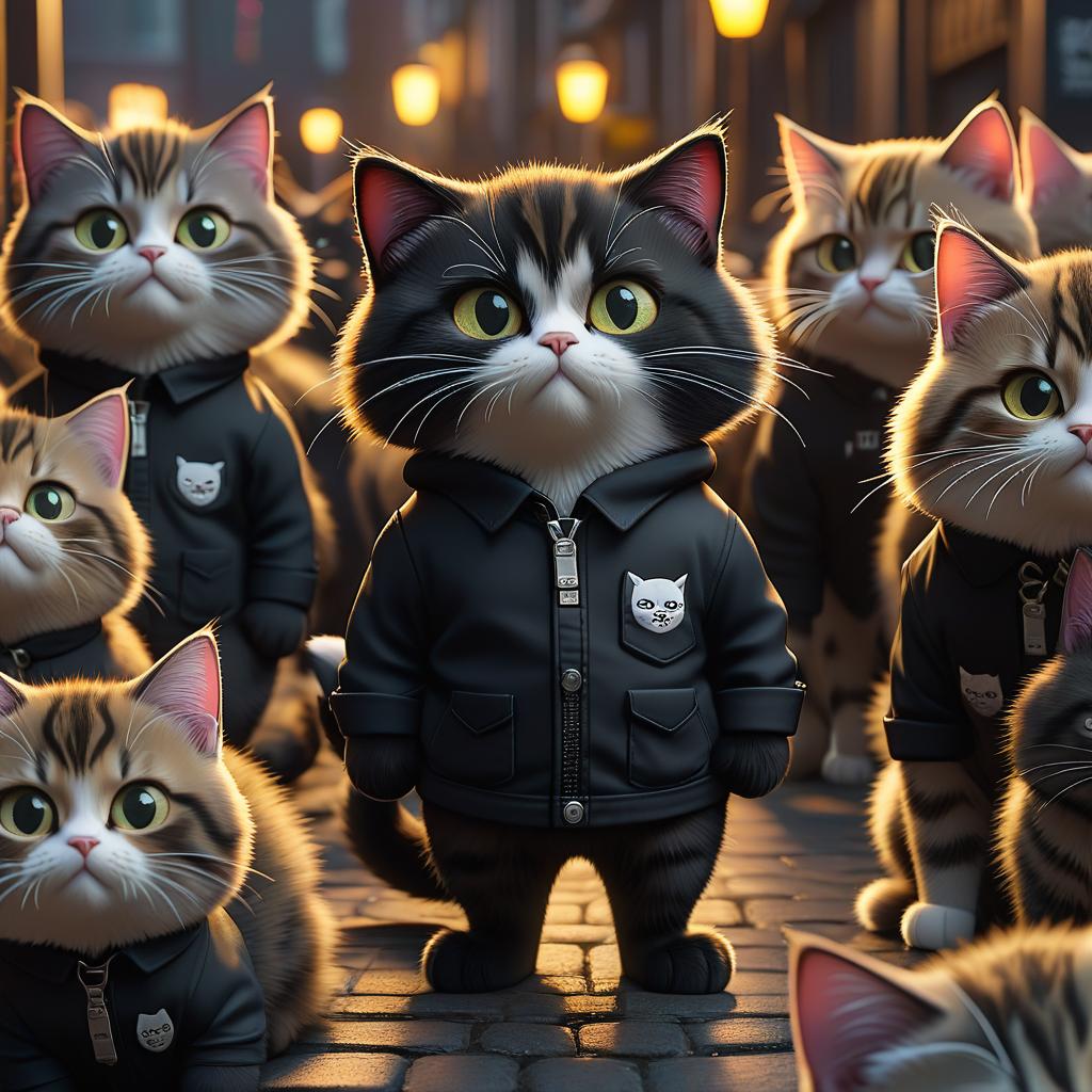  cartoon cats in black shirts, sticker hyperrealistic, full body, detailed clothing, highly detailed, cinematic lighting, stunningly beautiful, intricate, sharp focus, f/1. 8, 85mm, (centered image composition), (professionally color graded), ((bright soft diffused light)), volumetric fog, trending on instagram, trending on tumblr, HDR 4K, 8K