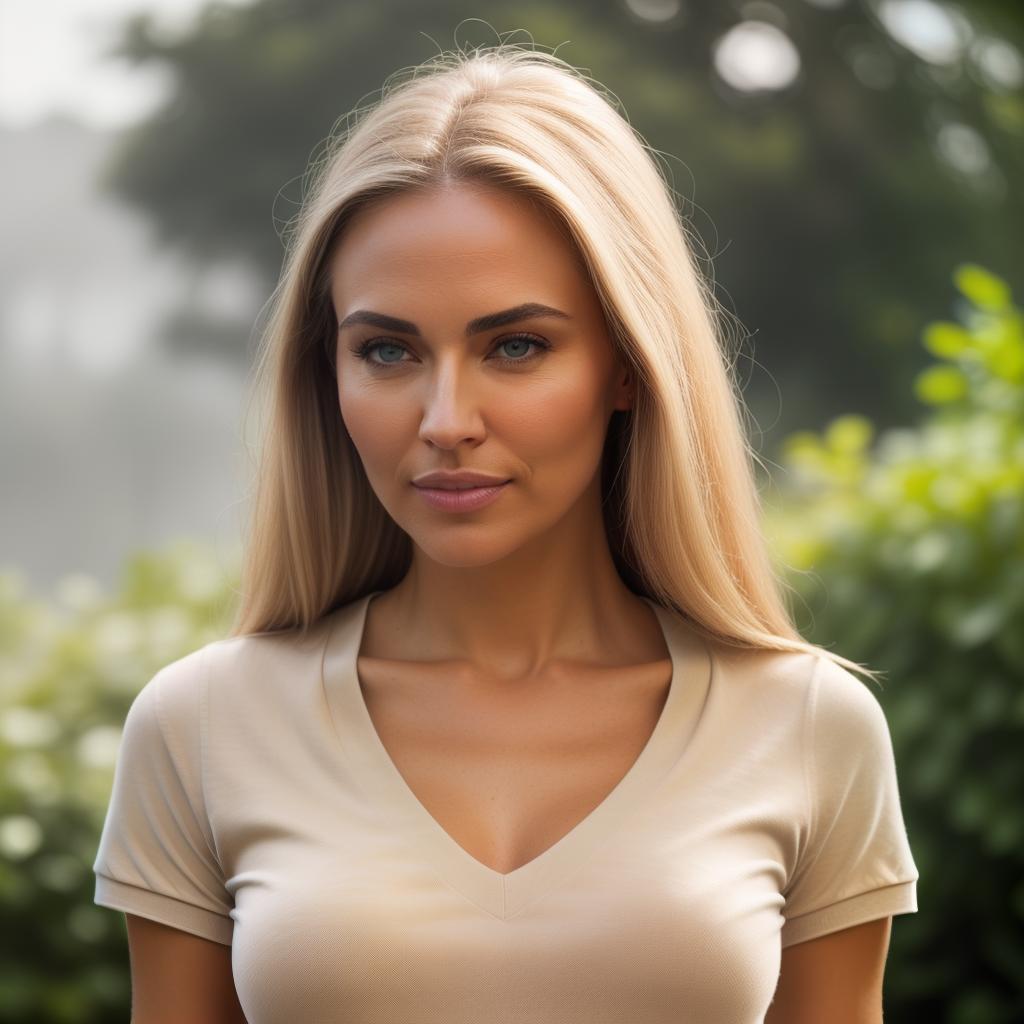  (((realistic full torso frontal head shot of a light beige to medium tan skin tone woman))), beatrix jemima hofmann, ((caucasian heritage)), immature face, blue eye color, ((straight hair style)), ((blonde hair color)), ((athletic body type)), small size, athletic size, (immature small rounded nose), (immature prominent jawline), (immature thin lips), (immature narrow forehead), (immature defined cheekbones), (immature eyebrows), (immature cleft chin), standing straight looking directly into the camera,((wearing fitted polo shirt with deep v neck and monogrammed pocket)), backyard in background, 1girl, best quality, highest quality, award winning photo, masterpiece, raw, professional photography, photorealism, sharp f hyperrealistic, full body, detailed clothing, highly detailed, cinematic lighting, stunningly beautiful, intricate, sharp focus, f/1. 8, 85mm, (centered image composition), (professionally color graded), ((bright soft diffused light)), volumetric fog, trending on instagram, trending on tumblr, HDR 4K, 8K