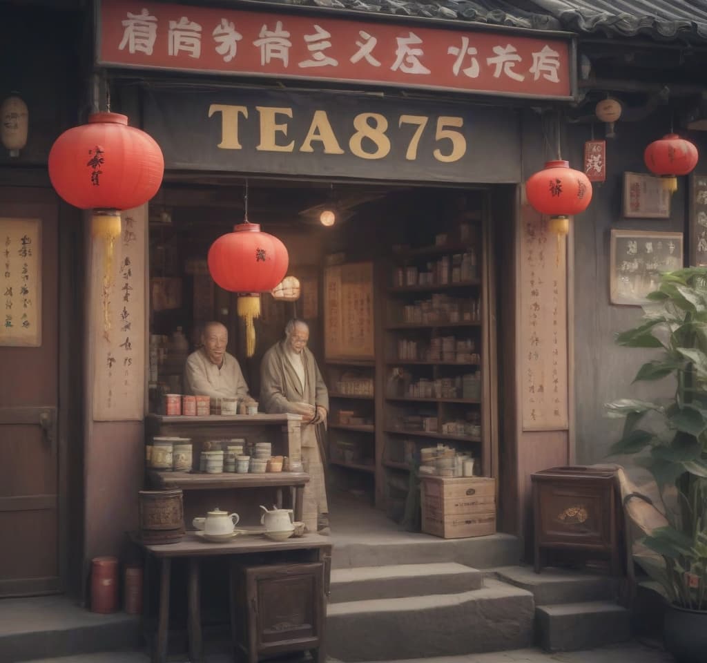  old man, chine town, tea shop, three sunflowers, text “tea875”, epic foto, 4k