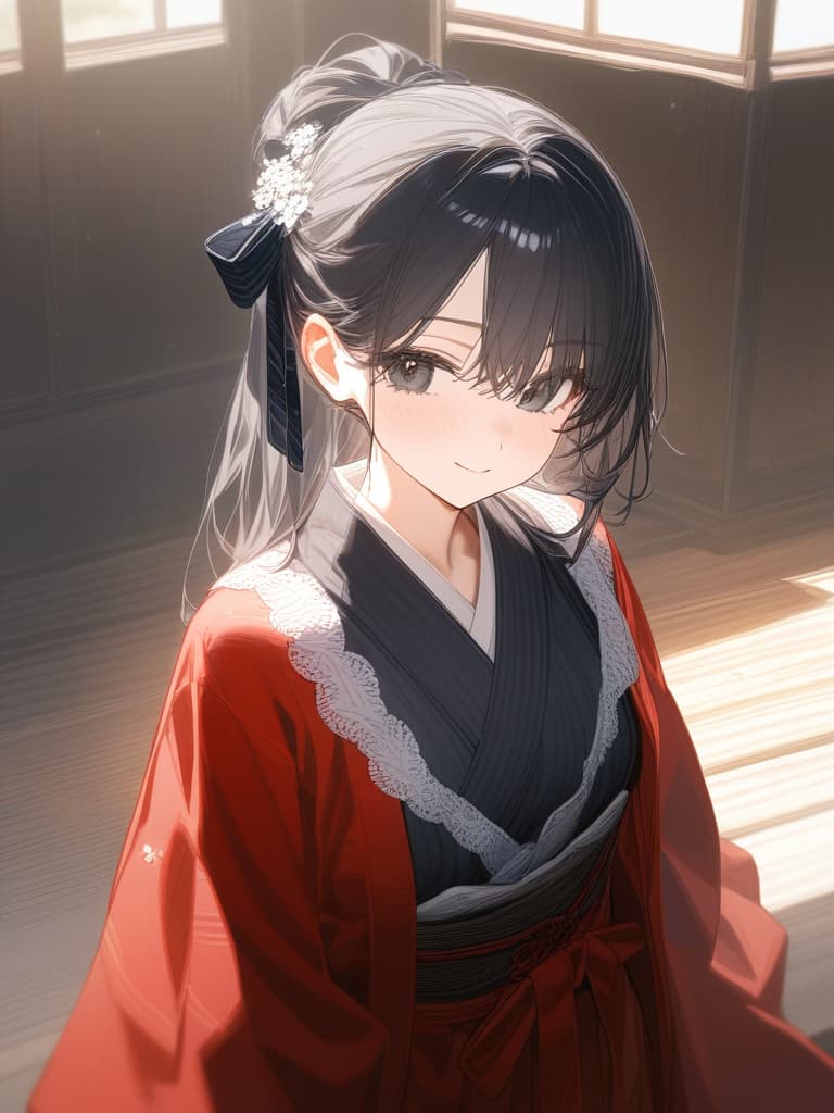  girls, cute face, frill lace, solo, hair ribbon, meiji era, kimono, hakama, black hair, black eyes, black eyes, long kimonos, white eyes, masterpiece, best quality,8k,ultra detailed,high resolution,an extremely delicate and beautiful,hyper detail