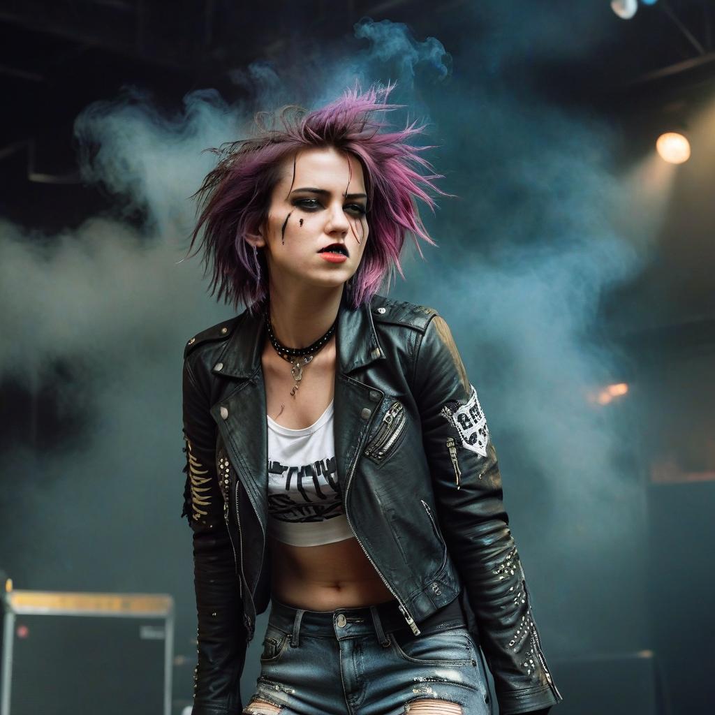  cinematic photo a punk rocker girl on stage, dressed in a torn leather jacket with studs, ripped jeans, and high top sneakers with bright laces. her face is pale, with sharp features and defined cheekbones, reflecting her inner strength and determination. her eyes are boldly outlined with black eyeliner, with deep dark shadows adding drama. her lips are covered in rich dark lipstick, with a slightly smudged outline that adds a touch of carelessness. her hair is brightly colored, disheveled, and styled in a chaotic yet purposeful mess. she stands on stage, emotionally screaming, expressing rebellion and passion. smoke swirls around her, and the lighting creates dramatic shadows, emphasizing her energetic and defiant presence. no extraneous .