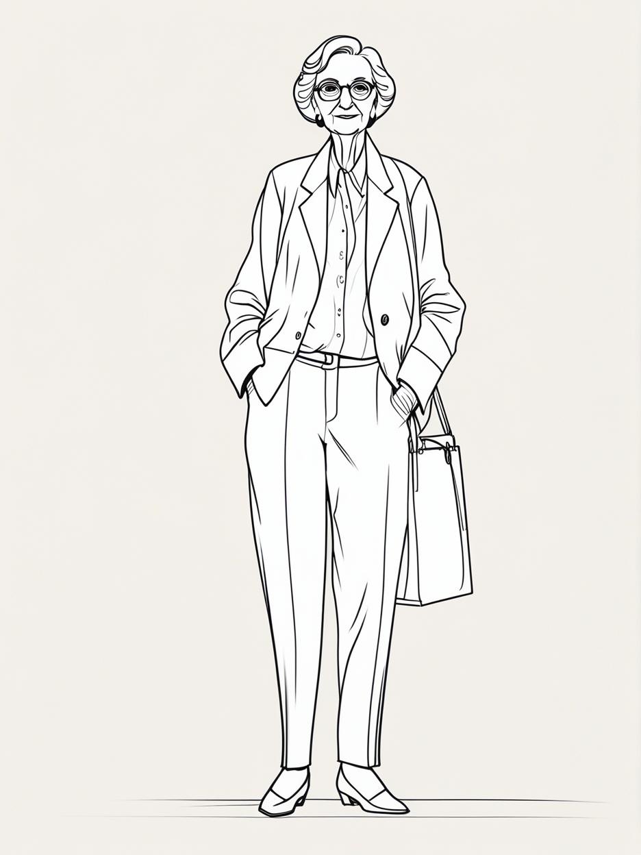  minimalism, a full body fashion croquis template of a tall elderly woman standing up, facing the camera in a casual pose, similar to a corporate full body picture. the pose is casual and friendly with minimal expression in the limbs; one arm down and the other on her hip. the figure is stylized with 10 head ratio proportions, black and white sketch, no facial features, no hair, no clothing. the linework is clean, with thin lines and no shading., abstract, simple geometic shapes, hard edges, sleek contours, minimalism