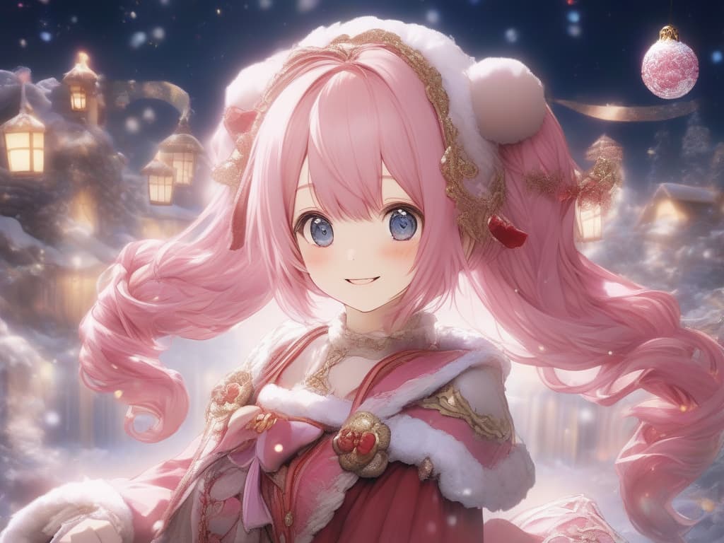  pink hair, santa's cosplay, smile, christmas, short twin tail hair, masterpiece, best quality,8k,ultra detailed,high resolution,an extremely delicate and beautiful,hyper detail