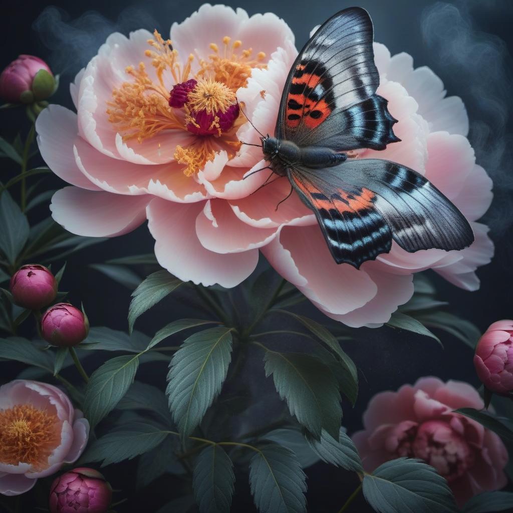  Butterfly "urticaria" on a peony hyperrealistic, full body, detailed clothing, highly detailed, cinematic lighting, stunningly beautiful, intricate, sharp focus, f/1. 8, 85mm, (centered image composition), (professionally color graded), ((bright soft diffused light)), volumetric fog, trending on instagram, trending on tumblr, HDR 4K, 8K