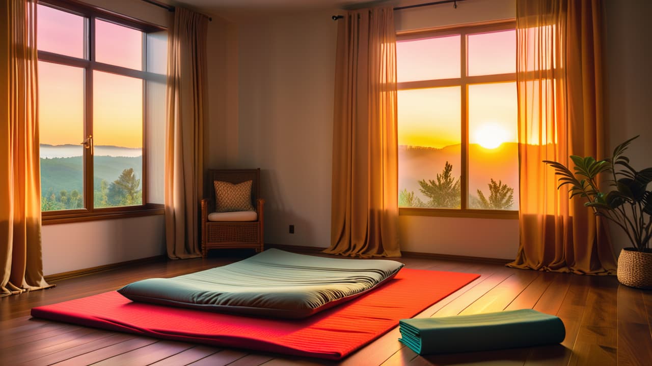  a serene sunrise over a peaceful bedroom, soft golden light streaming in through sheer curtains, a neatly made bed, a yoga mat and a journal on the floor, inviting a sense of calm and motivation. hyperrealistic, full body, detailed clothing, highly detailed, cinematic lighting, stunningly beautiful, intricate, sharp focus, f/1. 8, 85mm, (centered image composition), (professionally color graded), ((bright soft diffused light)), volumetric fog, trending on instagram, trending on tumblr, HDR 4K, 8K