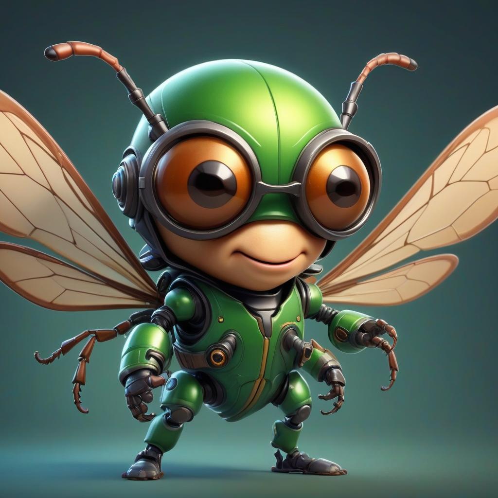  cute cartoon insect beetle character with a green body, big expressive eyes and a smile on his lips. on his head he has a huge brown helmet with goggles, giving him an adventurous look. the insect beetle stands confidently holding a blaster, he has graceful wings and long tendrils. the background is simple and bright inside the starship to emphasize the charm of the funny character with the weapon.