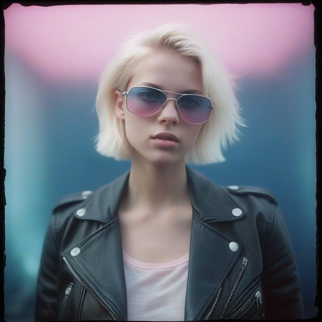  analog film photo the girl is platinum blonde between the real and virtual worlds, a short haircut, blue eyes, light skin, black leather jacket, wide jeans, pink and white shades, light fog, soft lighting. . faded film, desaturated, 35mm photo, grainy, vignette, vintage, kodachrome, lomography, stained, highly detailed, found footage