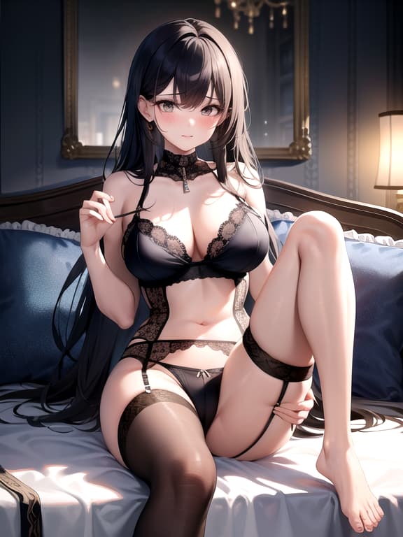  master piece, best quality, ultra detailed, highres, 4k.8k, young woman., sitting with legs apart, showing and toes., tearful and blushing., break beautiful in a mini and garter belts expressing embarrment and arousal., bedroom., bed, fluffy cushions, and a mirror., break and sensual., soft lighting and gentle shadows., cyberpunkai