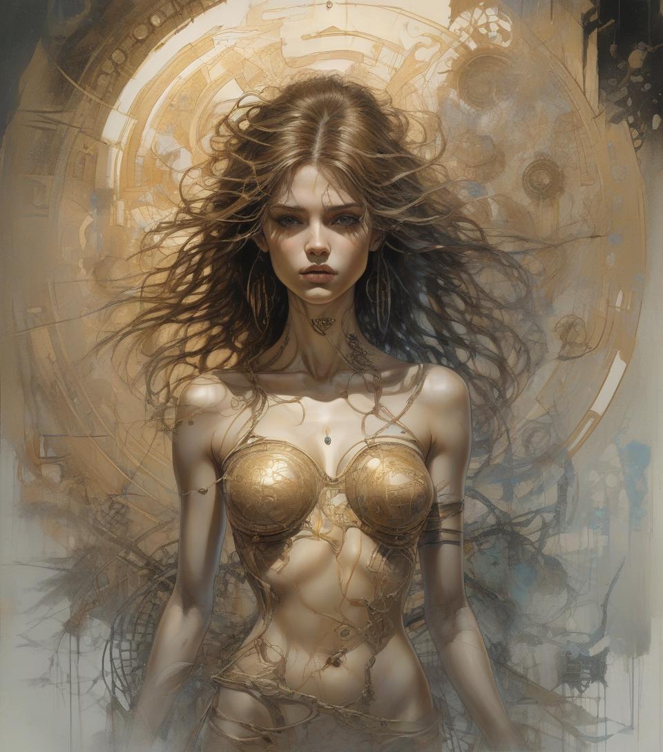  illustration representing a young woman, in a dynamic composition, random pose, the scene must present an unhealthy atmosphere in the style of luis royo, very detailed portrait mixing the fantastic muscular realism of boris vallejo, combining the artists carne griffiths, wadim kashin, jose royo, harrison fisher, brian froud and jeremy mann, ilya repin style vaporwave painting, epic setting, masterpiece, intricate art, intricate details, matte movie poster painting, golden ratio, trending on cgsociety, incredibly detailed and incredibly beautiful