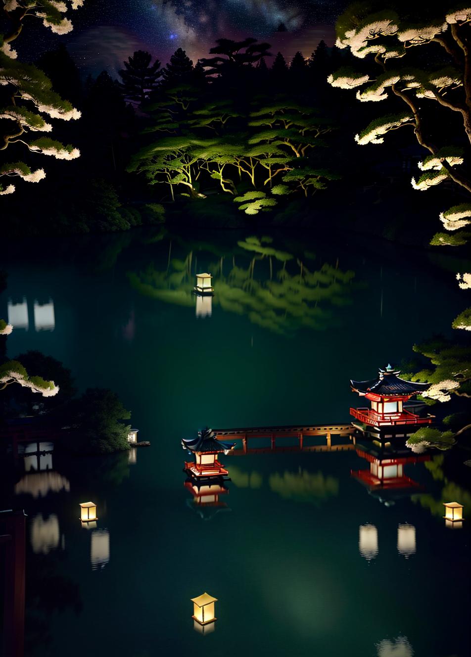  masterpiece, best quality, (fidelity: 1.4), best quality, masterpiece, ultra high resolution, 8k resolution, a night view inspired by japanese art, featuring a garden illuminated by paper lanterns and a wooden bridge spanning a tranquil lake, by the lakeside, there is a small zen temple. the water reflects the starry sky.