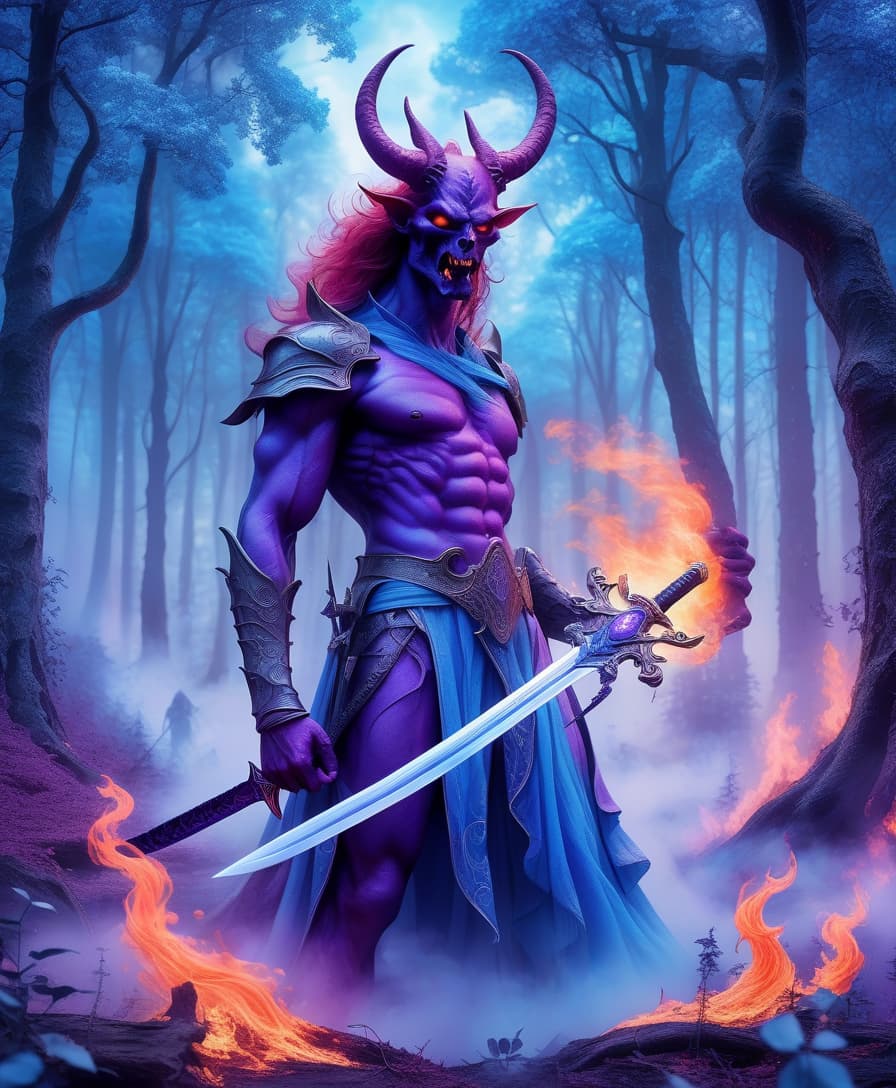  dreamscape a fiery demon with a sword in his hand, in the background a mysterious forest, purple blue blue white colors . surreal, ethereal, dreamy, mysterious, fantasy, highly detailed