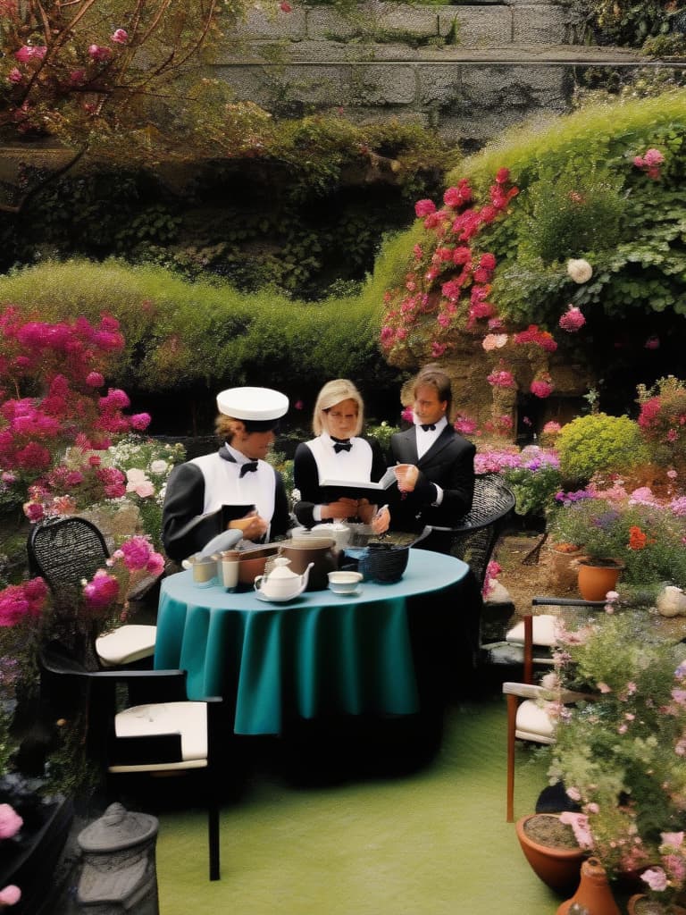  (tuxedo worn,male butler: 1.4),garden with roses in bloom,garden table,tea set,(male butler serving) (young lady drinking tea),