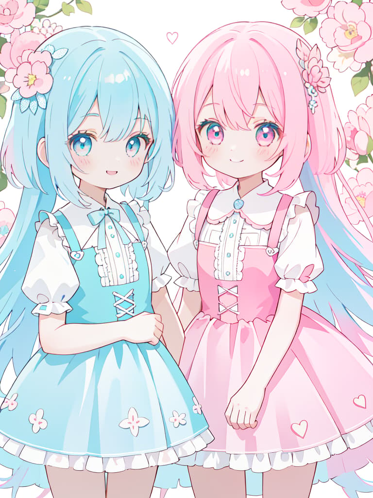 twin, two girls, lined up, light blue hair, pink hair, smile, masterpiece, best quality,8k,ultra detailed,high resolution,an extremely delicate and beautiful,hyper detail