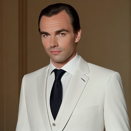  a highly detailed, realistic depiction of trevor from gta v portrayed as a refined gentleman. he is wearing an elegant tailored suit with a crisp white shirt and a stylish tie. his hair is neatly styled, and he has a friendly yet mischievous expression on his face. the background features a luxurious setting, such as a high end restaurant or a classy lounge, with soft lighting that accentuates his suave demeanor.