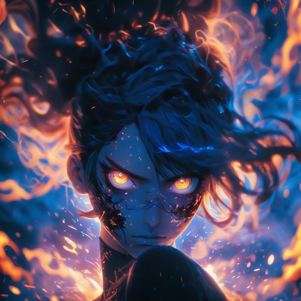  a woman that is standing in front of a fire, blue eye. anime, discord pfp, dark blue and black, !updo hair, alicization, tokyo ghoul, dancer of the underworld, great compostion, ability image, blue filter, glowneon