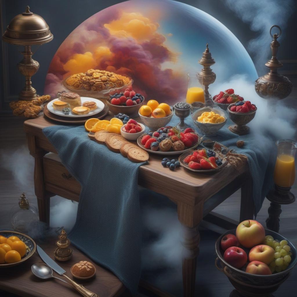  Beautifully decorated breakfast; still life beautiful oil painting in the style of Salvador Dali. hyperrealistic, full body, detailed clothing, highly detailed, cinematic lighting, stunningly beautiful, intricate, sharp focus, f/1. 8, 85mm, (centered image composition), (professionally color graded), ((bright soft diffused light)), volumetric fog, trending on instagram, trending on tumblr, HDR 4K, 8K