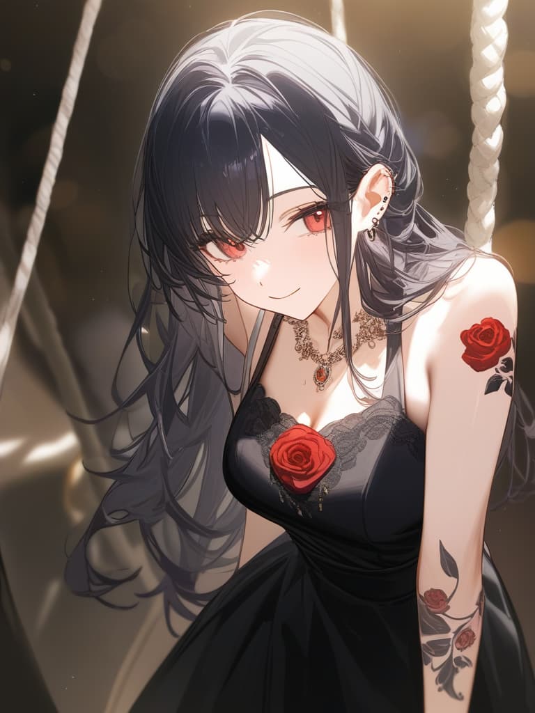  long hair, black hair, hair tips are pink, red eyes, hanging, bangs, and length of bangs, adults, adult faces, piercings, necklaces, hair are light pink and black, thin makeup on the arm. there is a rose tattoo, a rose tattoo on your arm, smiling, masterpiece, best quality,8k,ultra detailed,high resolution,an extremely delicate and beautiful,hyper detail