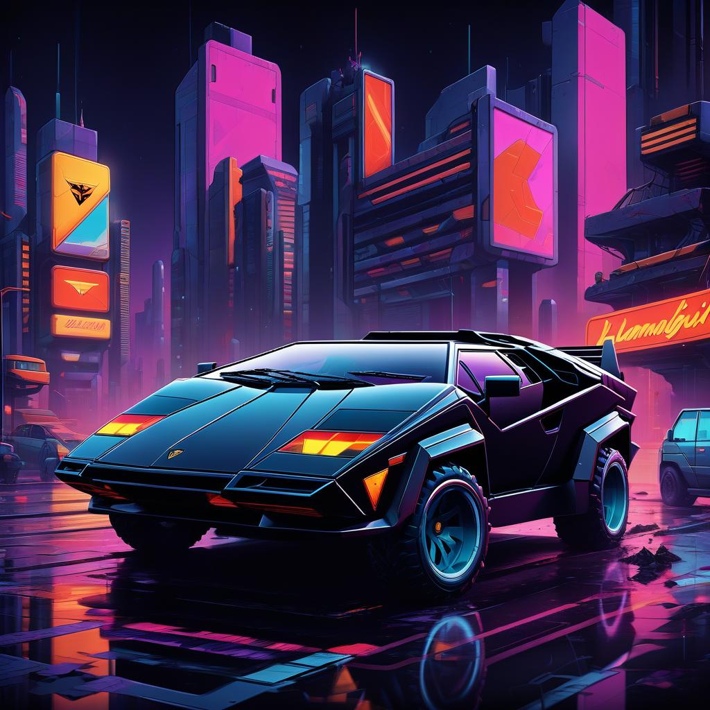  retro game art retro futuristic, black, brutal suv, externally reminiscent of the lamborghini countach. . 16 bit, vibrant colors, pixelated, nostalgic, charming, fun