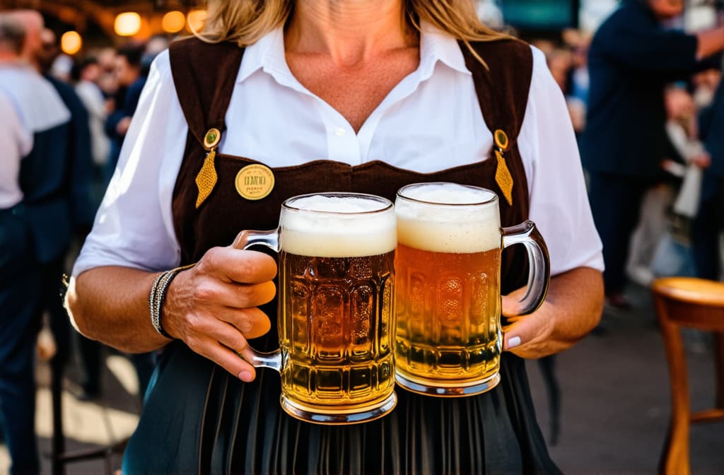  professional detailed photography, a woman in germany at oktoberfest wearing a drindle carries two mugs of beer on her ample chest ar 3:2, (muted colors, dim colors, soothing tones), (vsco:0.3)