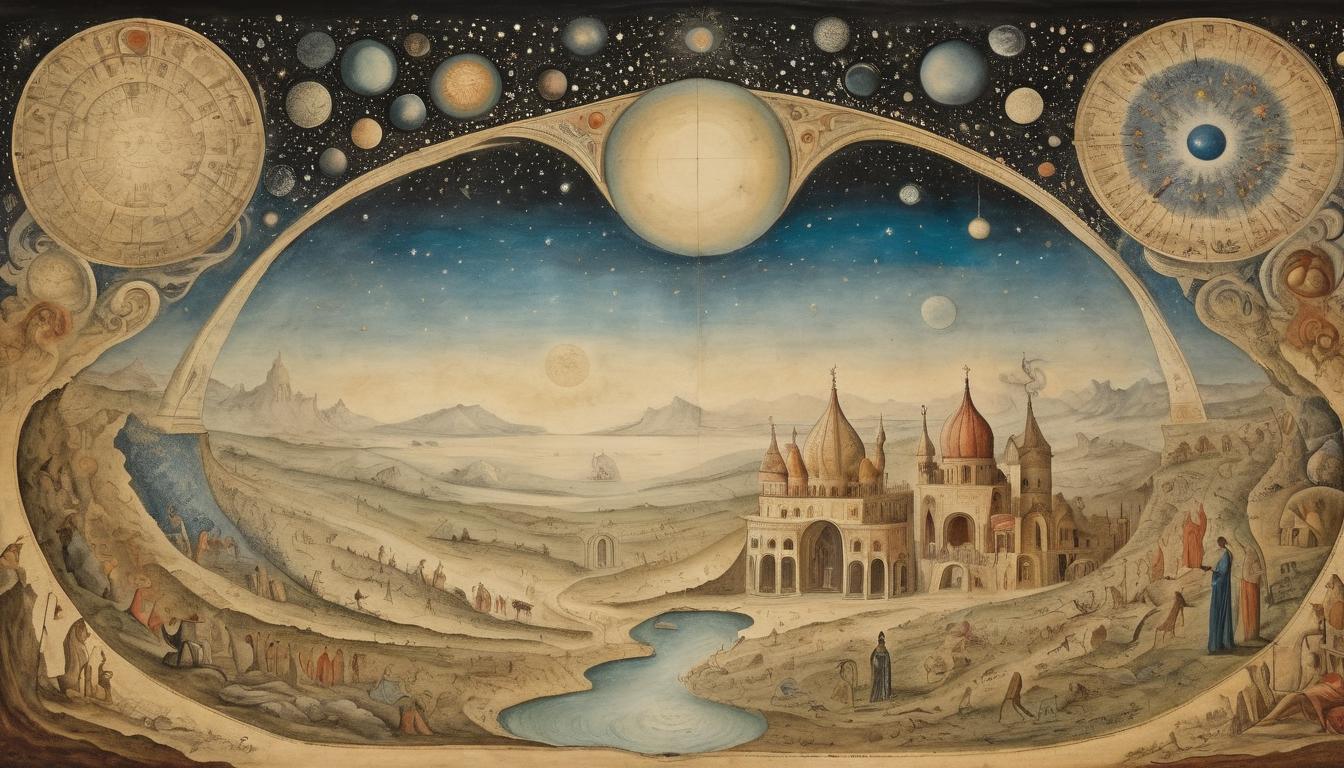  on parchment, surrealism++, a grand celestial gate, surrounded by swirling cosmic energies, opening to an expansive universe, journey to the unknown, awe inspiring and divine(mysterious, provocative, symbolic)++