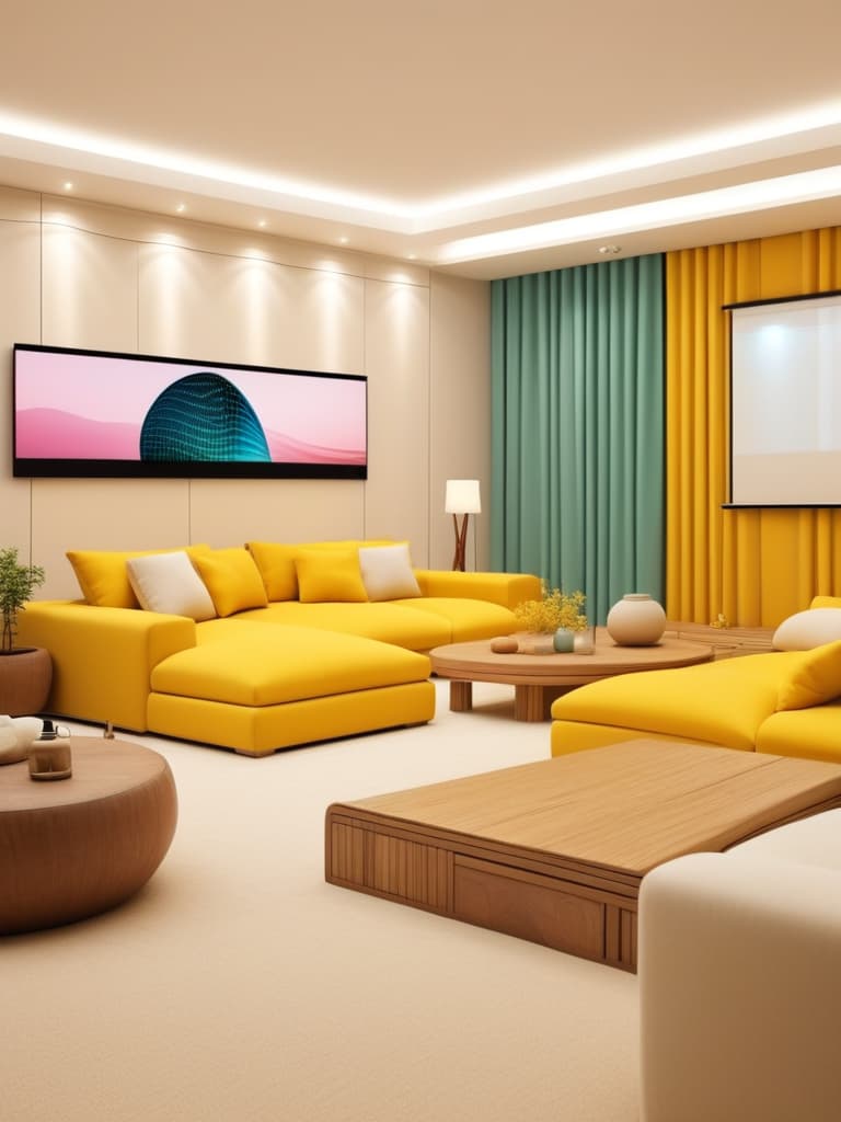  a comfortable home theater with a large sofa, a few pillows and a projector creates a perfect visual experience。