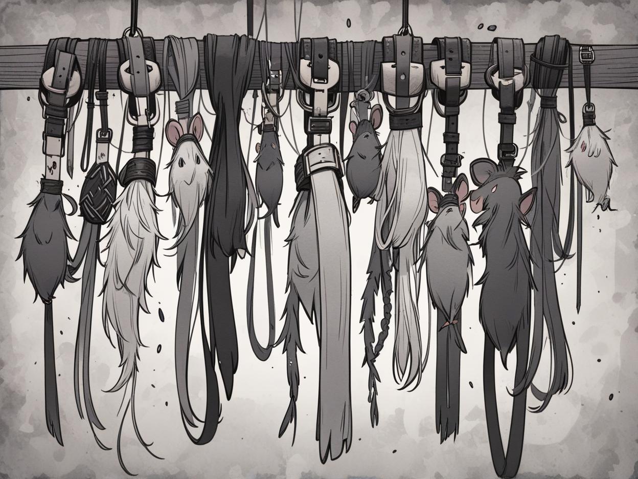  manga artwork a leather belt consisting of several rat tails hanging from it. manga artist. manga, highly emotional. best quality, high resolution