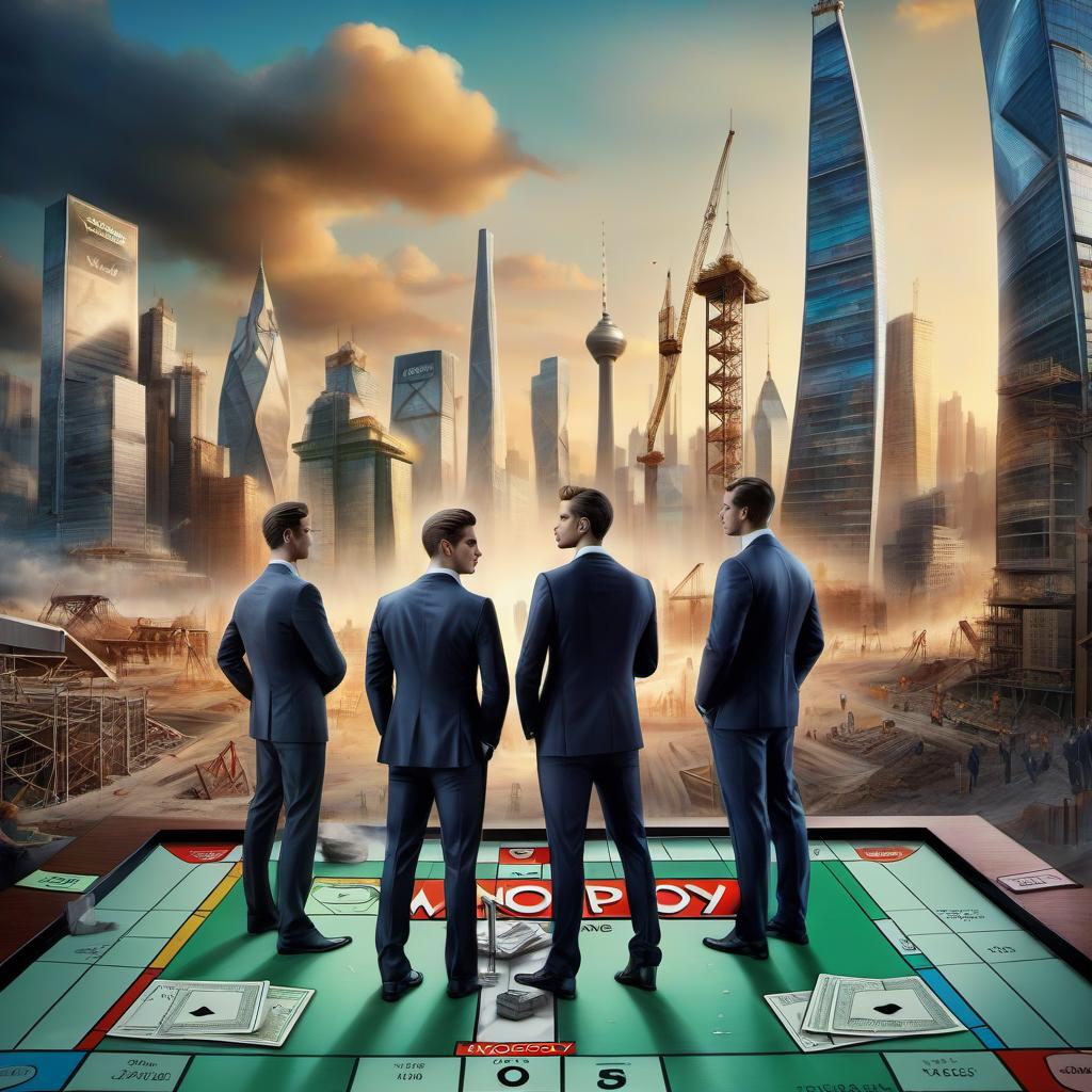  hyperrealistic art draw beautiful young men in suits, they are top managers of a construction company, men are standing on the playing field of the game monopoly, in the background the city of the future is being built, the picture quality is 4k, . extremely high resolution details, photographic, realism pushed to extreme, fine texture, incredibly lifelike