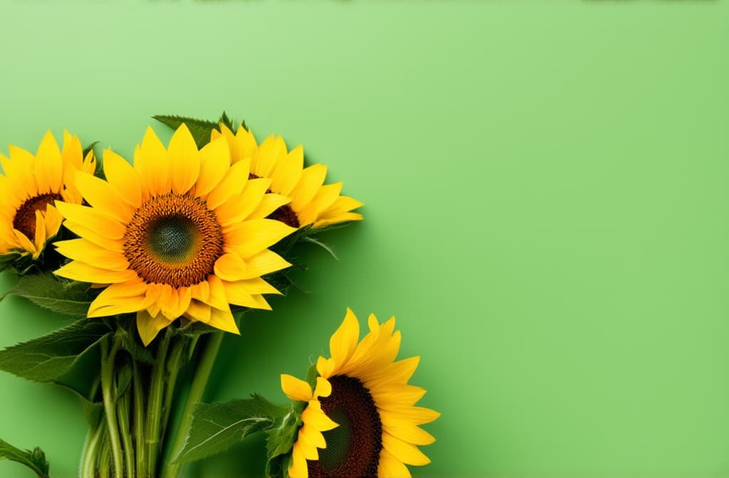  professional detailed photography, close up of a bouquet of sunflowers on a plain green background, clear details, sharp details, space for text on the right ar 3:2, (muted colors, dim colors, soothing tones), (vsco:0.3)