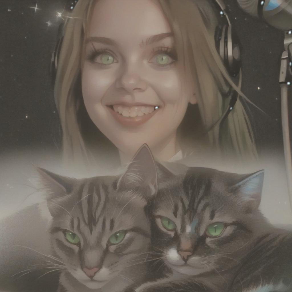  two cats, a girl with green eyes, music, microphone, magic, enthusiasm, spotlights, stage