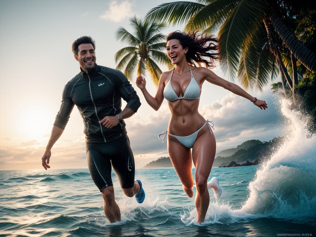  a action shot of a couple playing in the water. making splash of water. a epic landscape of a tropical brazilian beach with a man and a woman doing jogging in the water. they are running toward the camera. they have happy expression. they are playing in the water. you can feel the joy in their face enjoying the place and the moment. happy feeling hyperrealistic, full body, detailed clothing, highly detailed, cinematic lighting, stunningly beautiful, intricate, sharp focus, f/1. 8, 85mm, (centered image composition), (professionally color graded), ((bright soft diffused light)), volumetric fog, trending on instagram, trending on tumblr, HDR 4K, 8K