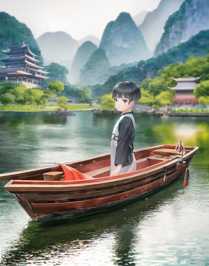  master piece , best quality,guilin, china, ink painting like landscape, silver bob cut, gray eyes, boy in chinese dress, blurred on a small boat on the water.