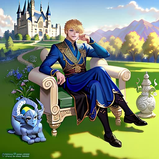  blue eyed god blonde man with short hair in black cloth deity's clothes sits on the grass and smiles, magic, dragons, elves, castles, by donato giancola, ruan jia, kekai kotaki, magali villeneuve, even mehl amundsen