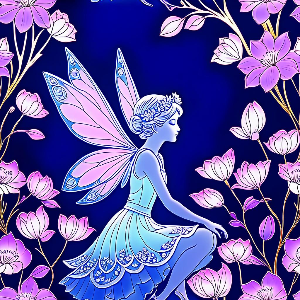  dreamscape ((flower fairy shop)) (( a small house with a tiled roof and carved windows surrounded by flowers of scarlet, pink, crocus1,5)) ((in the bud of a blossoming flower sits an enchanting fairy and invites customers into her shop. (1,5 fine, fine fractal glitter bright petal line gold ink sketch on dark blue background, (pixie petal silhouette:1,3), bud outline outline, bud outline, pixie fairy leaves with wings. (flower colour):alo pink, white pink, pearl blue, pearl blue, snow white) . (style):fetazi, art design, art deco, advertising, window display, (colours):soft pink, light lavender, white, soft green, all pastel shades. . surreal, ethereal, dreamy, mysterious, fantasy, highly detailed