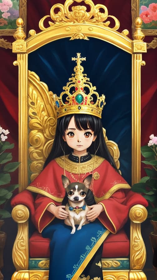  "A tiny Chihuahua sits on a throne wearing an ornate gold crown that's too big for its tiny body, gazing majestically at you. Illustrated with Ghibli-style Illustrated with Ghibli-style artistic touches, the tiny Chihuahua's entire body is the subject of a T-shirt design."