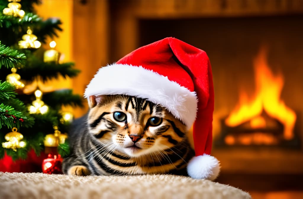  cinematic film style, christmas cute striped kitten near the tree sleeps in a santa hat, in the background in blur fireplace, cozy atmosphere, movie effect, light background, ar 3:2, shallow depth of field, vignette, maximum details, high budget hollywood movie, bokeh, cinemascope, moody, epic, gorgeous, sun rays and shadows on furniture and surfaces, flattering light, raw photo, photography, photorealistic, 8k resolution, f1.4, sharpened focus, sharp focus