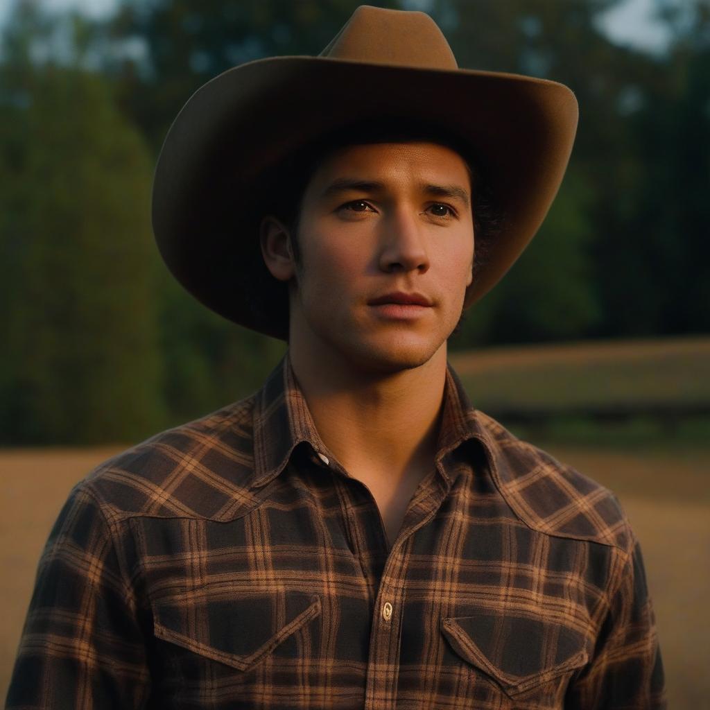  a young man wearing a cowboy hat and a brown plaid shirt. he is standing in the center of the frame, looking at the camera with a serious expression. the man appears to be dressed in a western style outfit, which adds to the overall theme of the scene. the cowboy hat is placed on his head, and the shirt has a plaid pattern, giving him a rugged appearance.