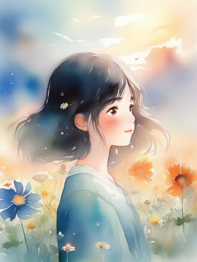  masterpiece,watercolor style:1.5,cosmos blooming meadow,super {{beautiful girl}},black hair,blue eye color,profile,sunset,high quality,8k