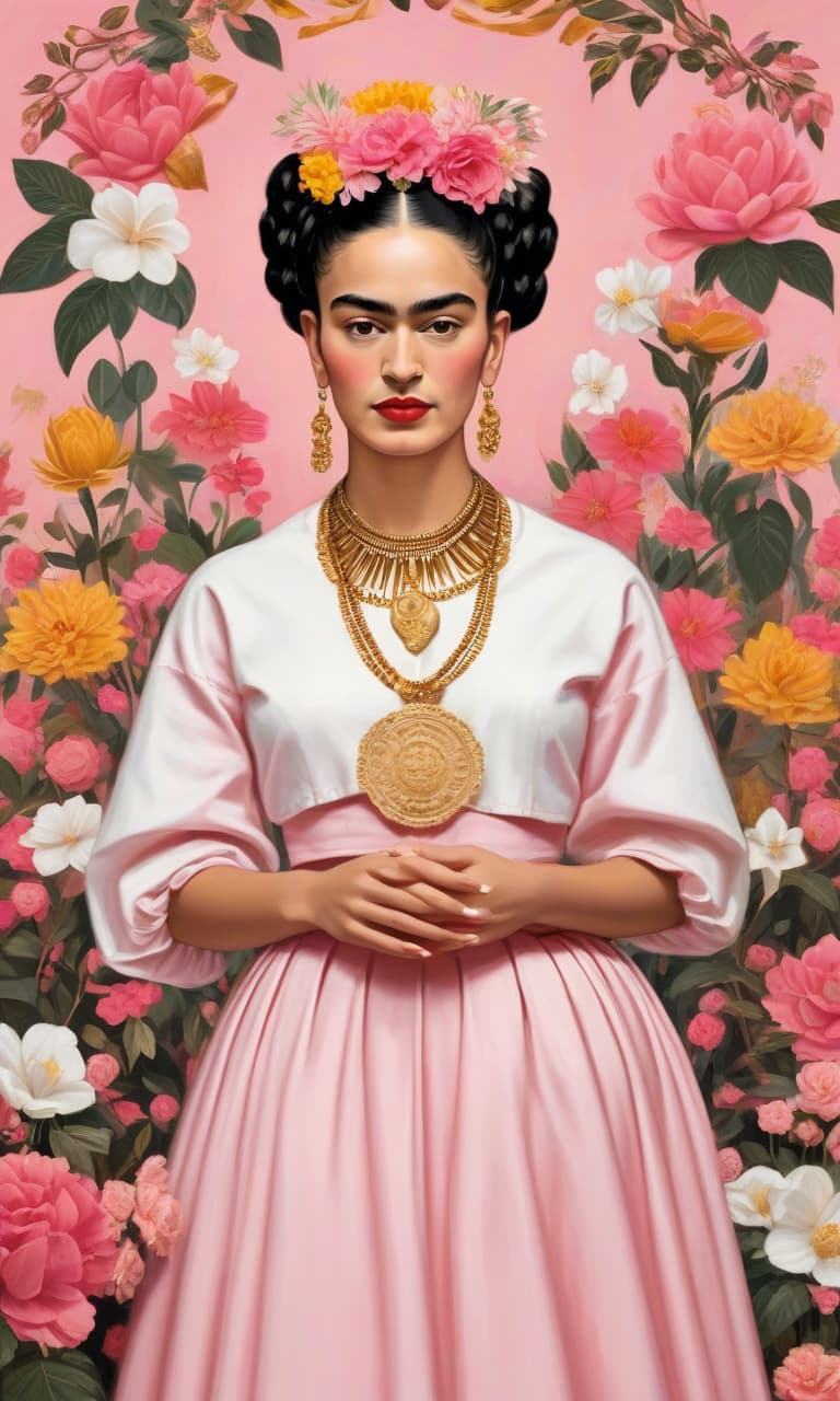  concept art color pink, white, black, gold courtroom frida kahlo holds a heavy weight in her hand. many flowers . digital artwork, illustrative, painterly, matte painting, highly detailed, perfect hands