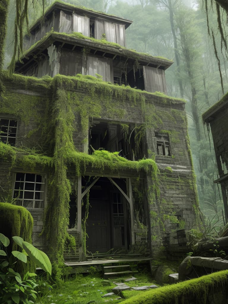  a lot of decayed buildings, large amounts of moss and nature, masterpiece, best quality,8k,ultra detailed,high resolution,an extremely delicate and beautiful,hyper detail