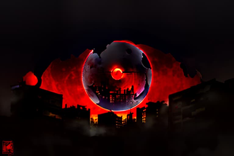 Logo with an eye covered by a blood red moon amidst a ruined city, moral decay, drugs, murder, more blood, alcohol, decay, civilization's fall, darkness, oppression, withering, disillusionment., realistic, detailed, textured, skin, hair, eyes, by Alex Huguet, Mike Hill, Ian Spriggs, JaeCheol Park, Marek Denko hyperrealistic, full body, detailed clothing, highly detailed, cinematic lighting, stunningly beautiful, intricate, sharp focus, f/1. 8, 85mm, (centered image composition), (professionally color graded), ((bright soft diffused light)), volumetric fog, trending on instagram, trending on tumblr, HDR 4K, 8K