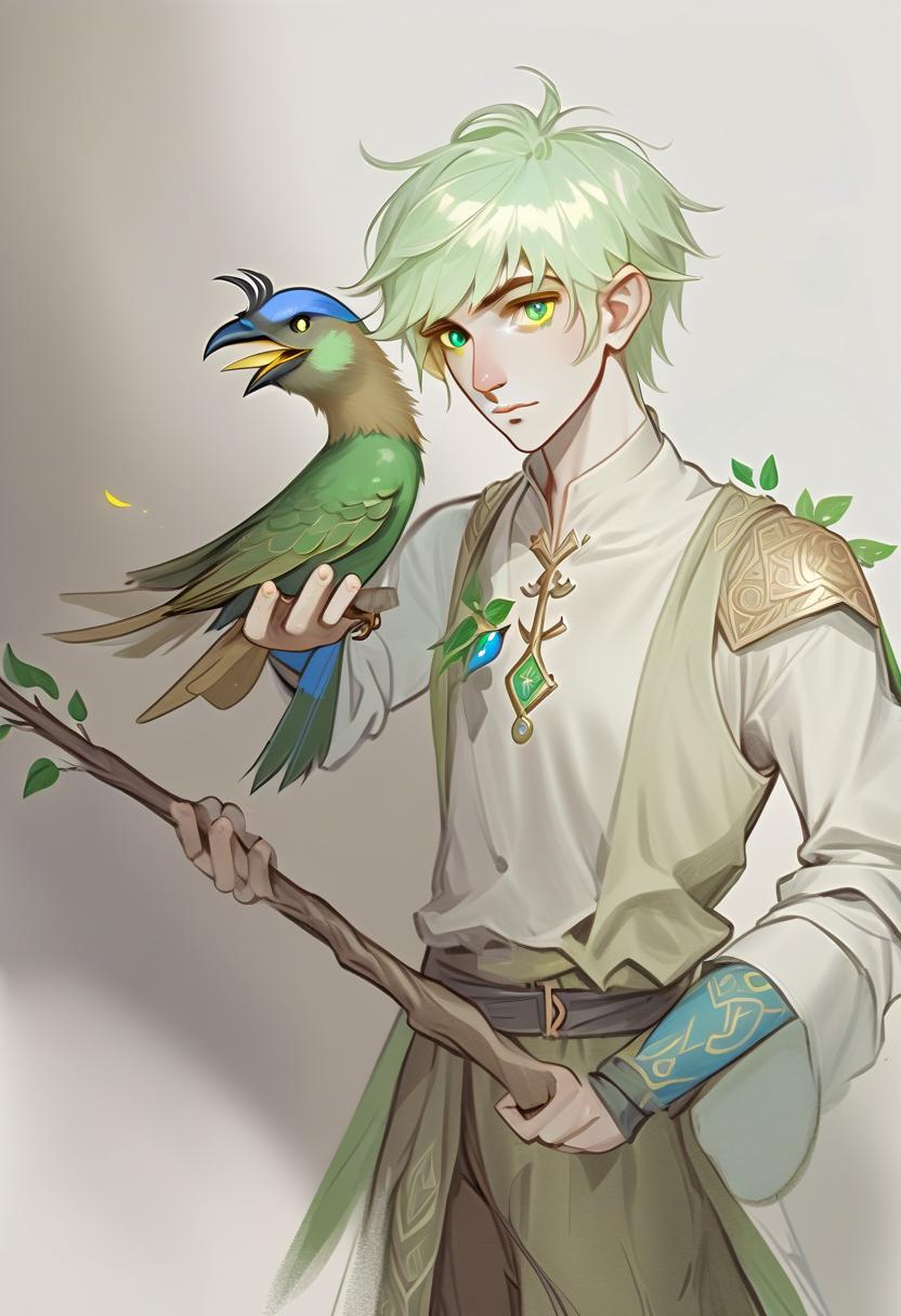  the guy elf druid, with short yellow hair, sharp hairstyle, sharp facial features, holds a beautiful blue bird on his right hand, dressed in green and brown clothes and clutching a tree staff resembling a tree branch in his left hand