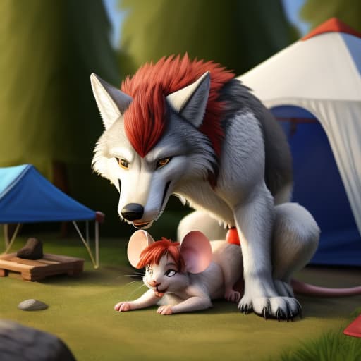  Feral wolf with white and silver fur anally penetrating tiny anthro mouse with white fur and red hair. Forced penetration. Anal. Primal. size difference. Feral on anthro. Feral wolf knotted . ming. Howl. Campsite. Small mouse body. Tiniest body. 1st grade. Daycare, open eyes, digital art, masterpiece, 4k, fine details,