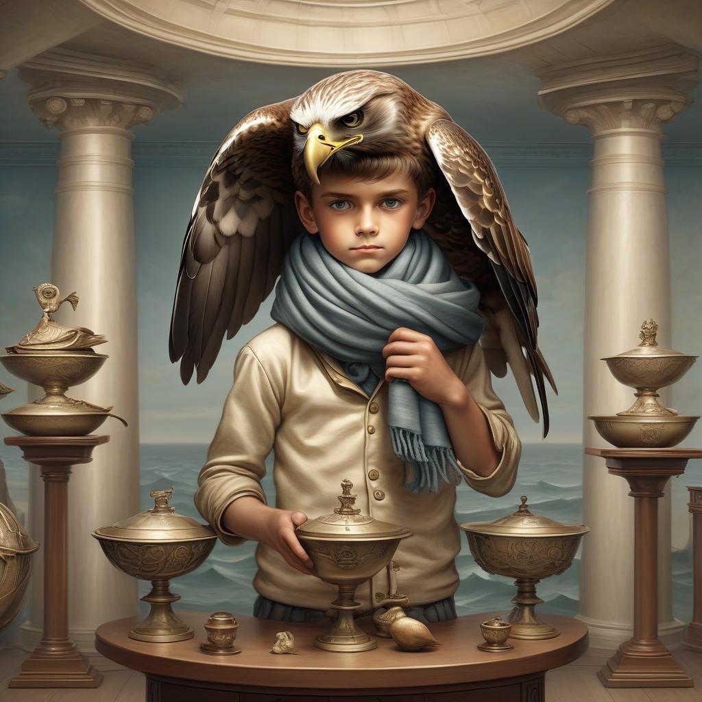  nautical themed an anthropomorphic hawk boy holds a scarf over his head, looks directly in front of him, in front of him five pedestals with bowls on each, behind a chamber room in muted tones . sea, ocean, ships, maritime, beach, marine life, highly detailed