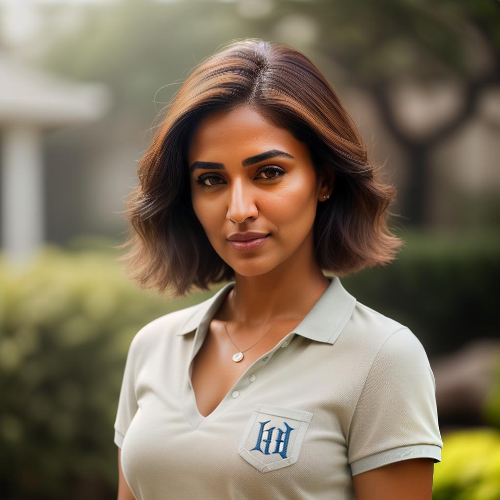  (((realistic full torso frontal head shot of a light brown to medium brown skin tone woman))), isha usha soni, ((indian heritage)), immature face, hazel eye color, ((short hair style)), (( hair color)), (( body type)), small size, small size, (immature small upturned nose), (immature prominent cheekbones), (immature smooth jawline), (immature full lips), (immature medium forehead), (immature even eyebrows), (immature rounded chin), standing straight looking directly into the camera,((wearing fitted polo shirt with deep v neck and monogrammed pocket)), backyard in background, 1girl, best quality, highest quality, award winning photo, masterpiece, raw, professional photography, photorealism, sharp focus, cinemat hyperrealistic, full body, detailed clothing, highly detailed, cinematic lighting, stunningly beautiful, intricate, sharp focus, f/1. 8, 85mm, (centered image composition), (professionally color graded), ((bright soft diffused light)), volumetric fog, trending on instagram, trending on tumblr, HDR 4K, 8K