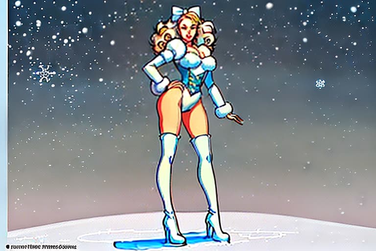  "create a painting in the pin up style featuring a young woman with a cute face and makeup. she has light hair styled with large white bows on the sides, from which curly hair flows down. the woman is dressed in a short blue fur coat with a fluffy white fur collar, which accentuates her figure. her arms are extended along her body to mid thigh, with her wrists flared out to the sides. she wears nylon stockings and long white leather high heeled boots, standing as if on her toes. the scene depicts her standing straight in the snow, appearing to shiver from the cold, surrounded by snow and snowdrifts. to her right, there is a fluffy green christmas tree adorned with colorful ornaments and twinkling lights. the snow sparkles and glistens under