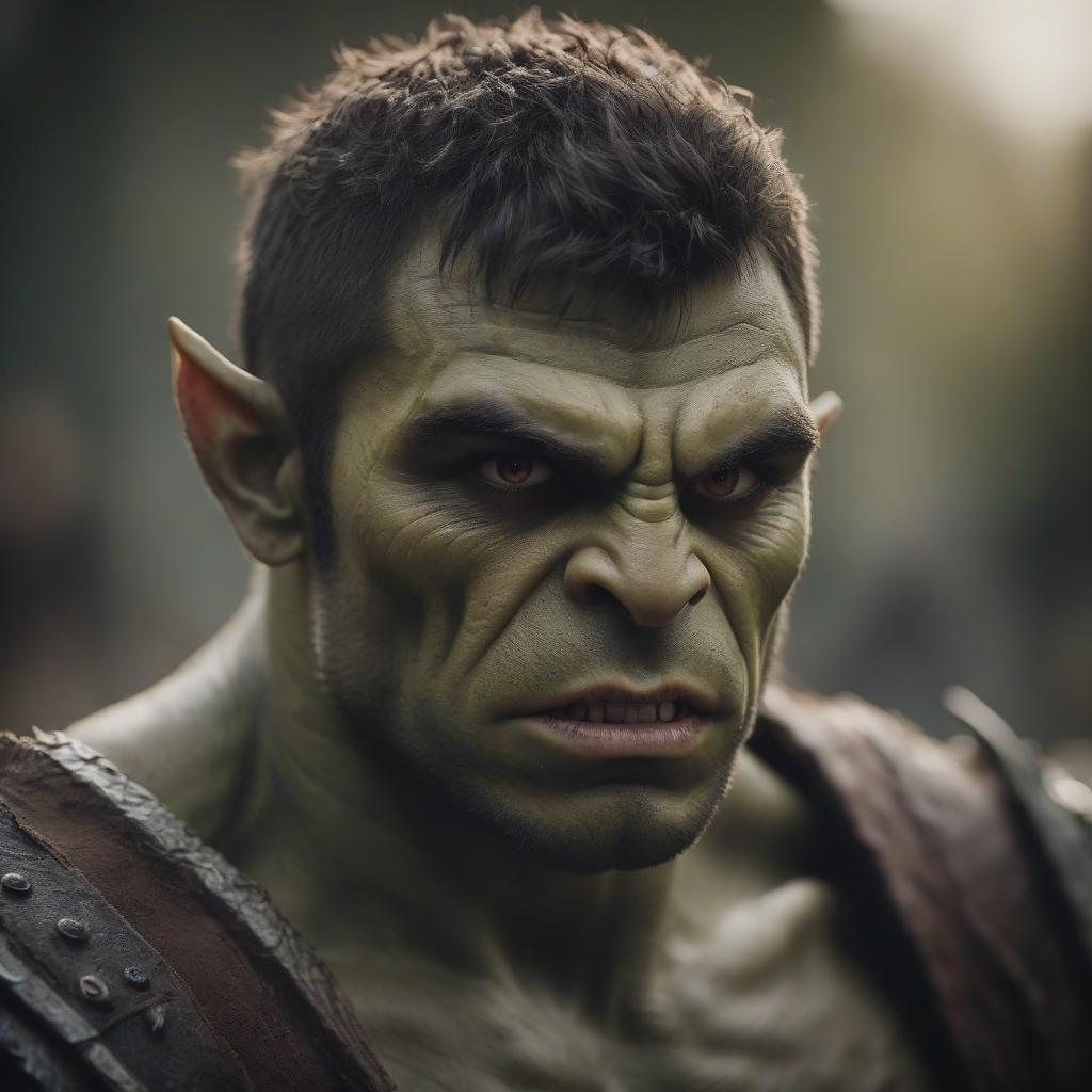  cinematic film still orc, young man, brown eyes, thin . shallow depth of field, vignette, highly detailed, high budget, bokeh, cinemascope, moody, epic, gorgeous, film grain, grainy