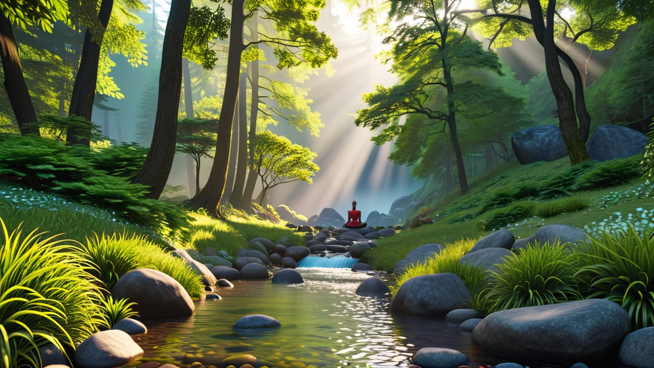  a serene landscape featuring eight interconnected natural elements: a tranquil forest, a flowing river, a vibrant garden, a peaceful yoga scene, balanced stones, a nourishing meal, a sunny meditation spot, and a cozy reading nook. hyperrealistic, full body, detailed clothing, highly detailed, cinematic lighting, stunningly beautiful, intricate, sharp focus, f/1. 8, 85mm, (centered image composition), (professionally color graded), ((bright soft diffused light)), volumetric fog, trending on instagram, trending on tumblr, HDR 4K, 8K